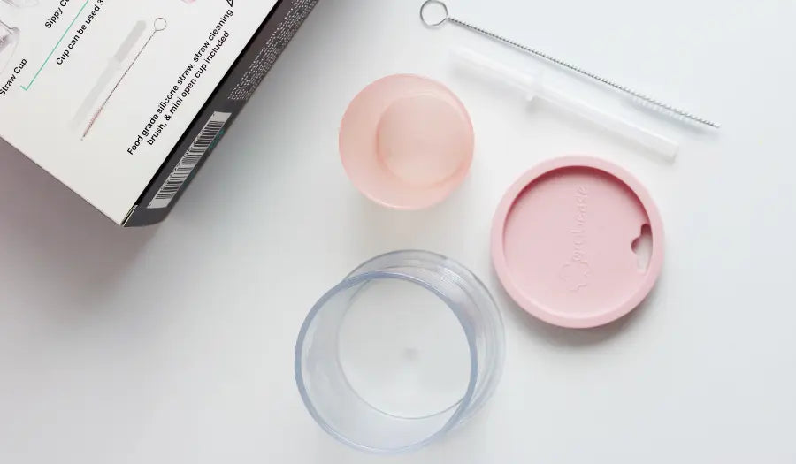 Grabease baby cup set in Blush including clear open cup, pink sippy lid and pink training cup