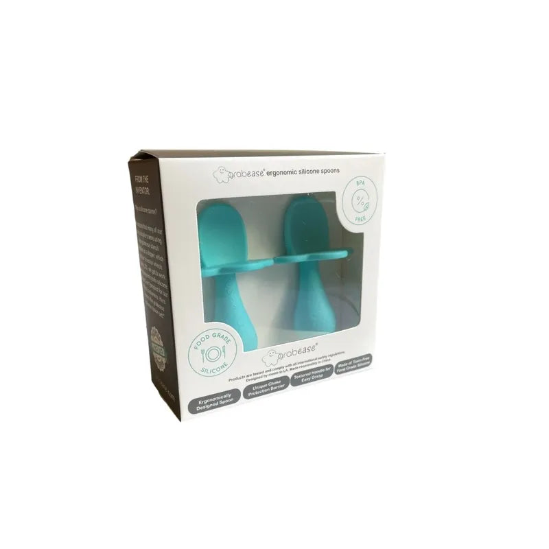 Teal Grabease Double Silicone Baby Spoon Set in packaging