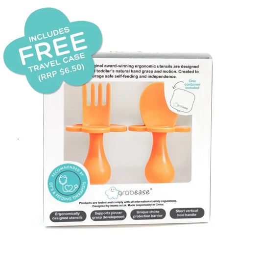Infant Self-Feeding Fork and Spoon Set with a short handle and choke-guard in Box