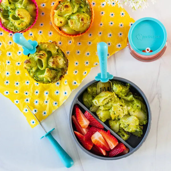 Flatlay of a toddlers lunch using grabease feeding products