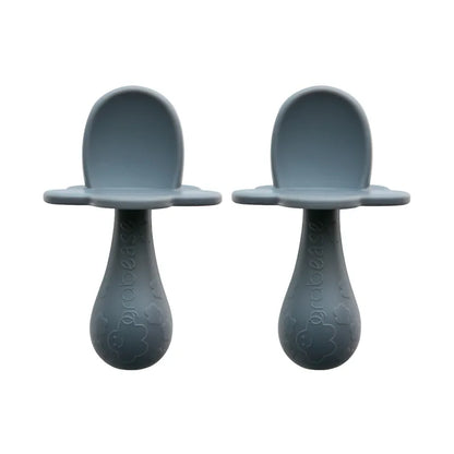 Double Silicone Baby Spoon Set with a short embossed handle for teething in Grey