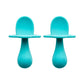 Double Silicone Baby Spoon Set with a short embossed handle for teething in Teal