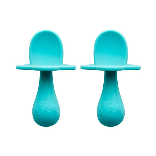Double Silicone Baby Spoon Set with a short embossed handle for teething in Teal