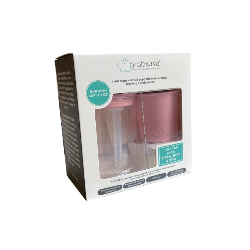 Pink grabease 3 in 1 baby cup set in grey and white packaging