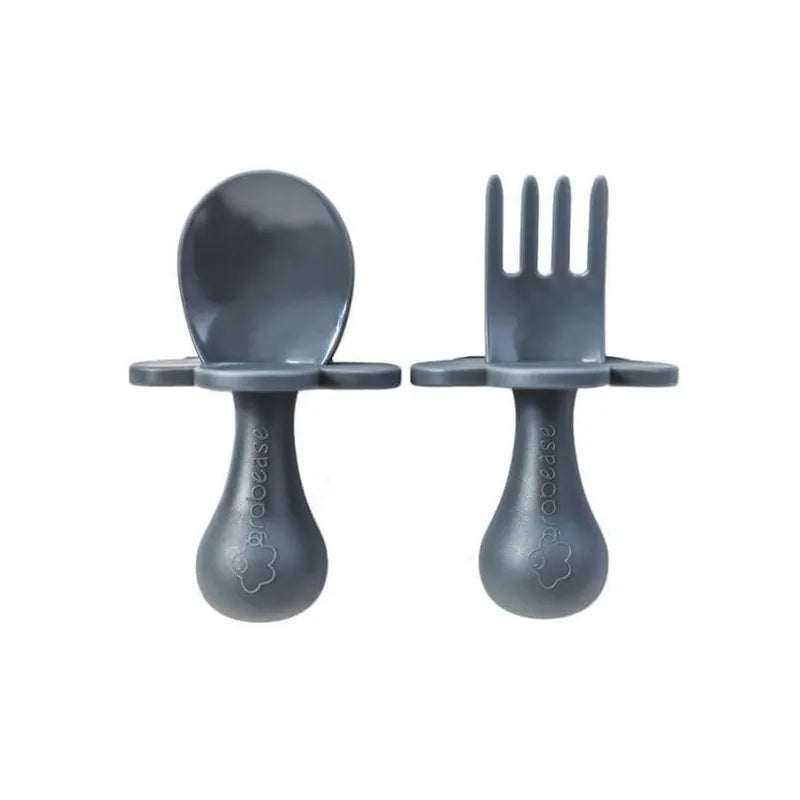 Grey Infant Self-Feeding Fork and Spoon Set with a short handle and choke-guard