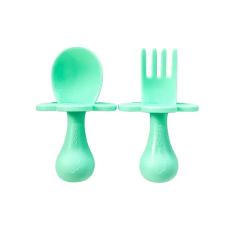 Mint Infant Self-Feeding Fork and Spoon Set with a short handle and choke-guard