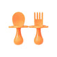 Orange Infant Self-Feeding Fork and Spoon Set with a short handle and choke-guard