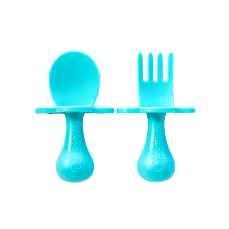 Teal Infant Self-Feeding Fork and Spoon Set with a short handle and choke-guard