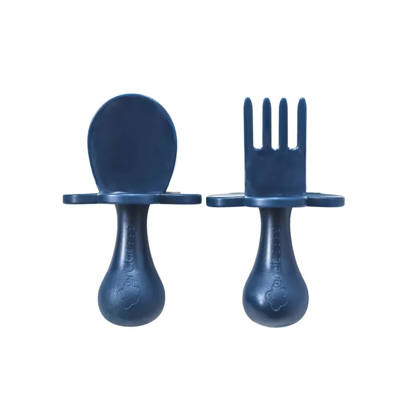 Navy Infant Self-Feeding Fork and Spoon Set with a short handle and choke-guard