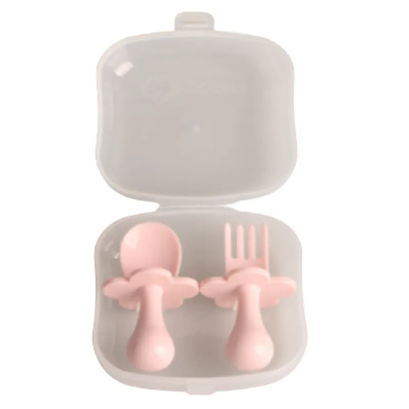 Self-Feeding Fork and Spoon Set inside a plastic travel case 